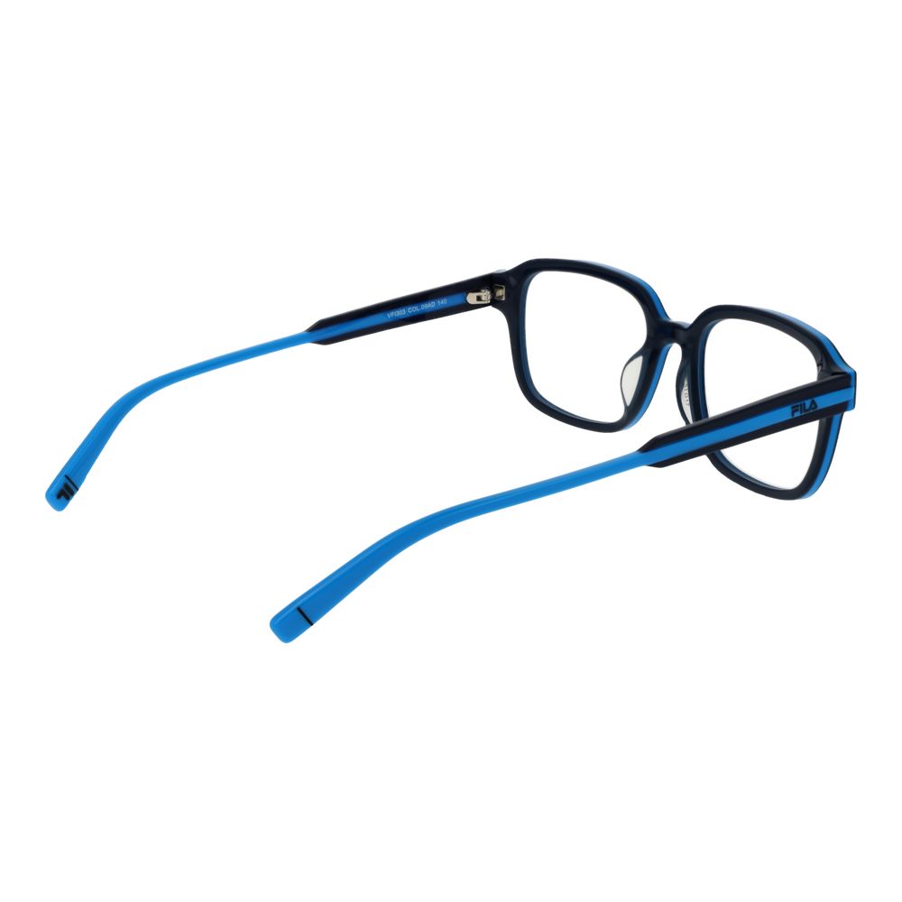 Fila Blue Men Glasses Frame, full-rim square cellulose acetate, plastic demo lenses, blue color, size 51-17-140, no spring hinge.