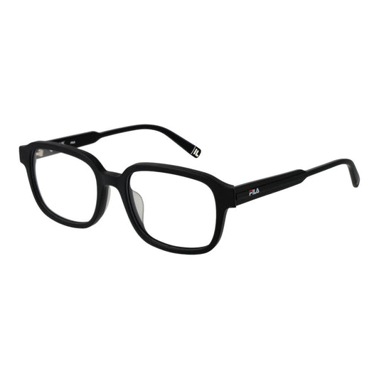 Fila Black Men Glasses Frame, full-rim square design, cellulose acetate, demo lenses, size 51-17-140, includes branded case.