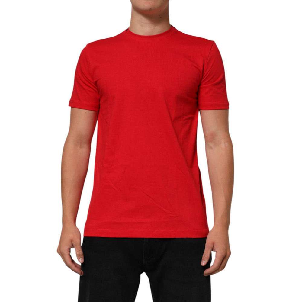 Model wearing Dolce & Gabbana Red Goodluck 2023 Cotton Crew Neck T-shirt, featuring a bold graphic and regular fit design.