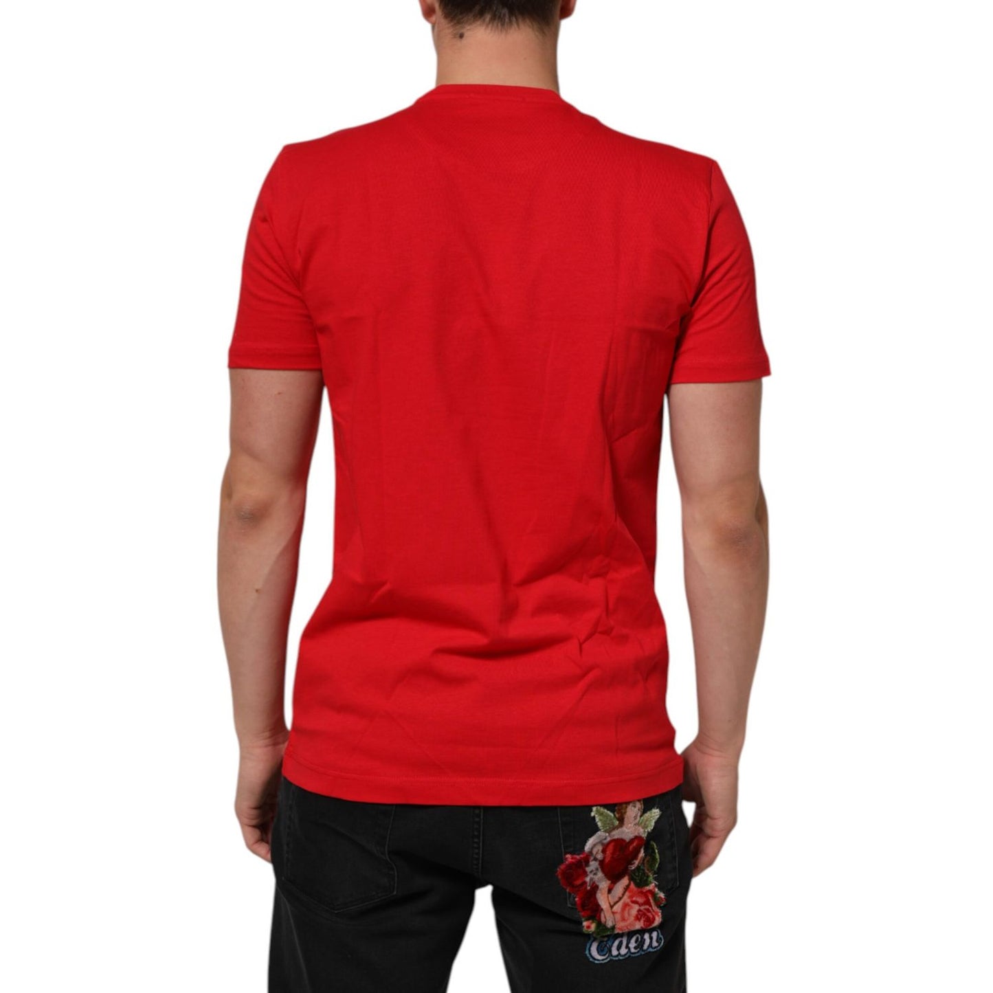 Back view of Dolce & Gabbana Red Goodluck 2023 Cotton Crew Neck T-shirt, short sleeve, regular fit, made from 100% cotton.