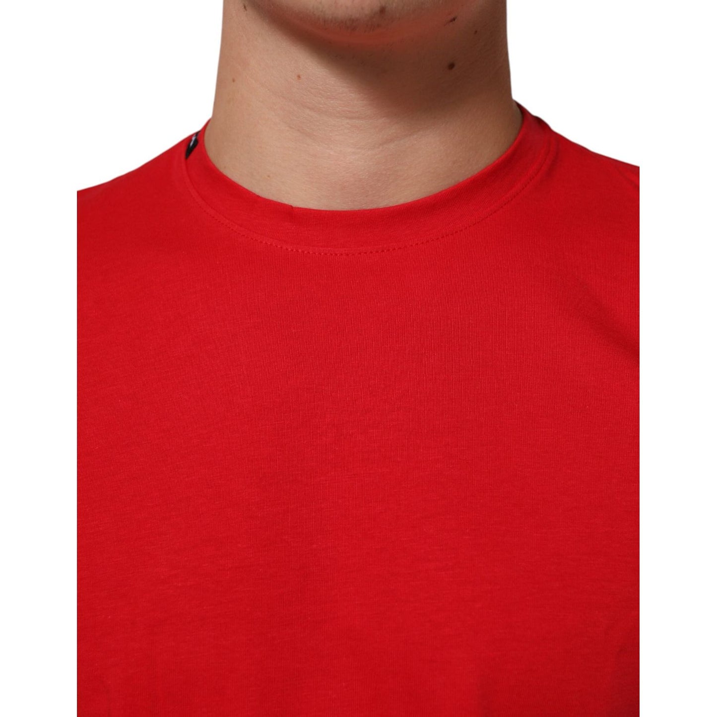 Close-up of Dolce & Gabbana Red Goodluck 2023 Cotton Crew Neck T-shirt showing fabric and neckline detail.