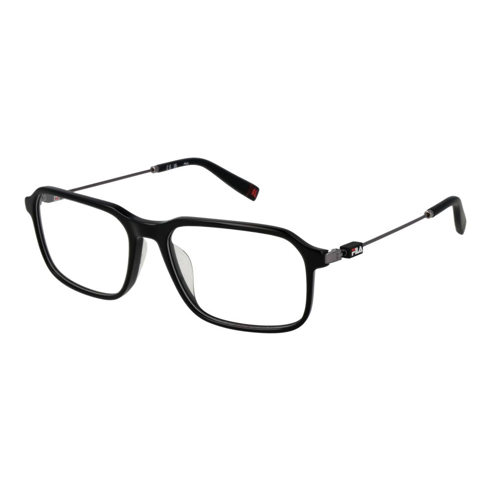 Fila Black Men Glasses Frame, full-rim black metal, rectangle style, with demo lenses. Includes branded case. Frame dimensions: 55-16-140.