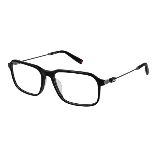 Fila Black Men Glasses Frame, full-rim black metal, rectangle style, with demo lenses. Includes branded case. Frame dimensions: 55-16-140.