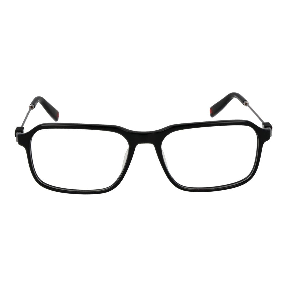 Fila Black Men Glasses Frame in full-rim black metal with demo lenses, rectangular style, featuring a frame width of 140mm.