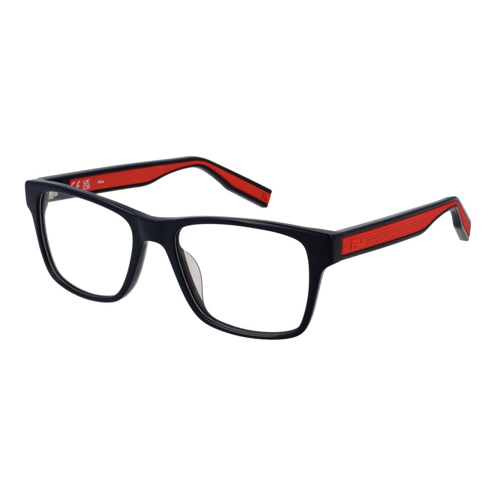 Fila Blue Men Glasses Frame, full-rim rectangle style, blue plastic frame and demo lenses, temple length 145mm, for men.