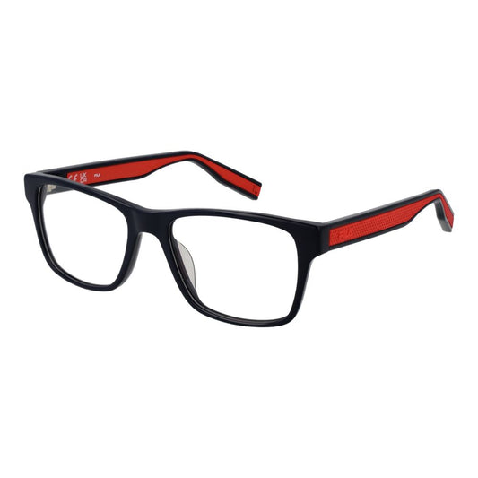 Fila Blue Men Glasses Frame with rectangular full-rim blue plastic frame, demo lenses, and branded case included, size 54-18-145.