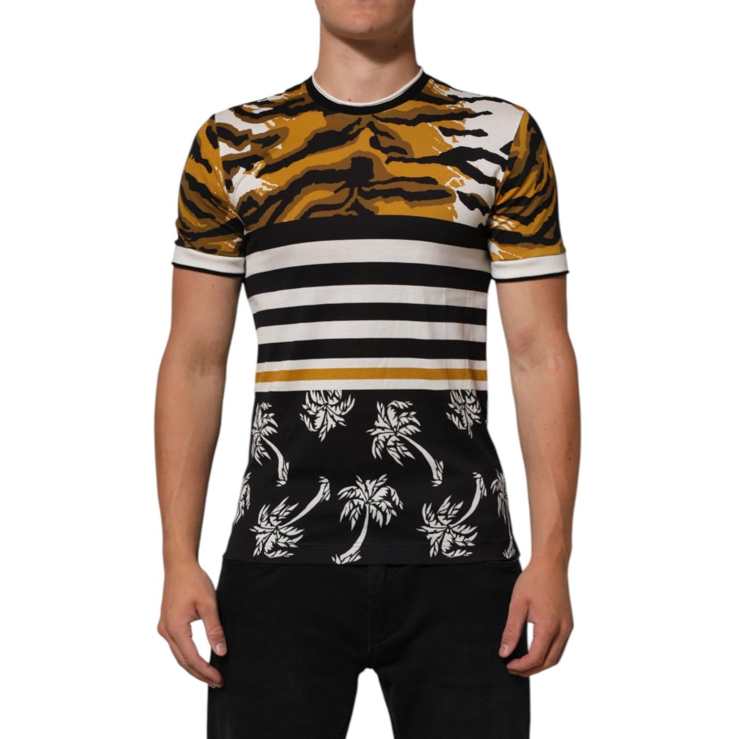 Dolce & Gabbana Multicolor Leopard Palm Leaf Men Crew Neck T-shirt with vibrant prints displayed on model.