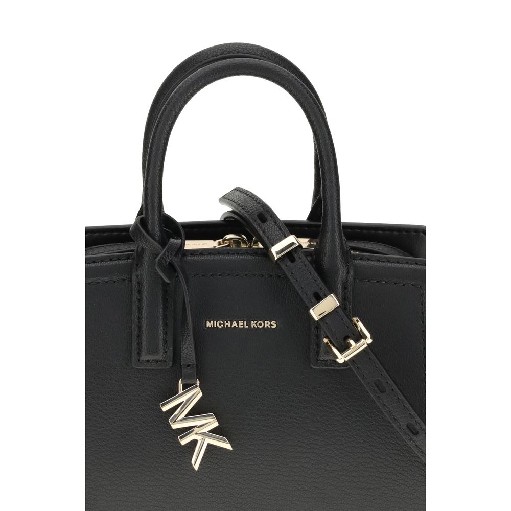Close-up of the Michael Kors Laila Shoulder Bag showcasing black leather and gold-tone details.