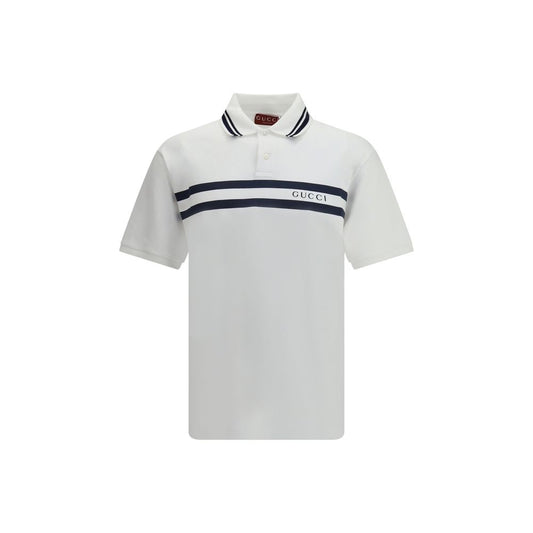 Gucci White Cotton Polo Shirt with striped print and logo, perfect for a relaxed fit, made of 95% cotton and 5% elastane.