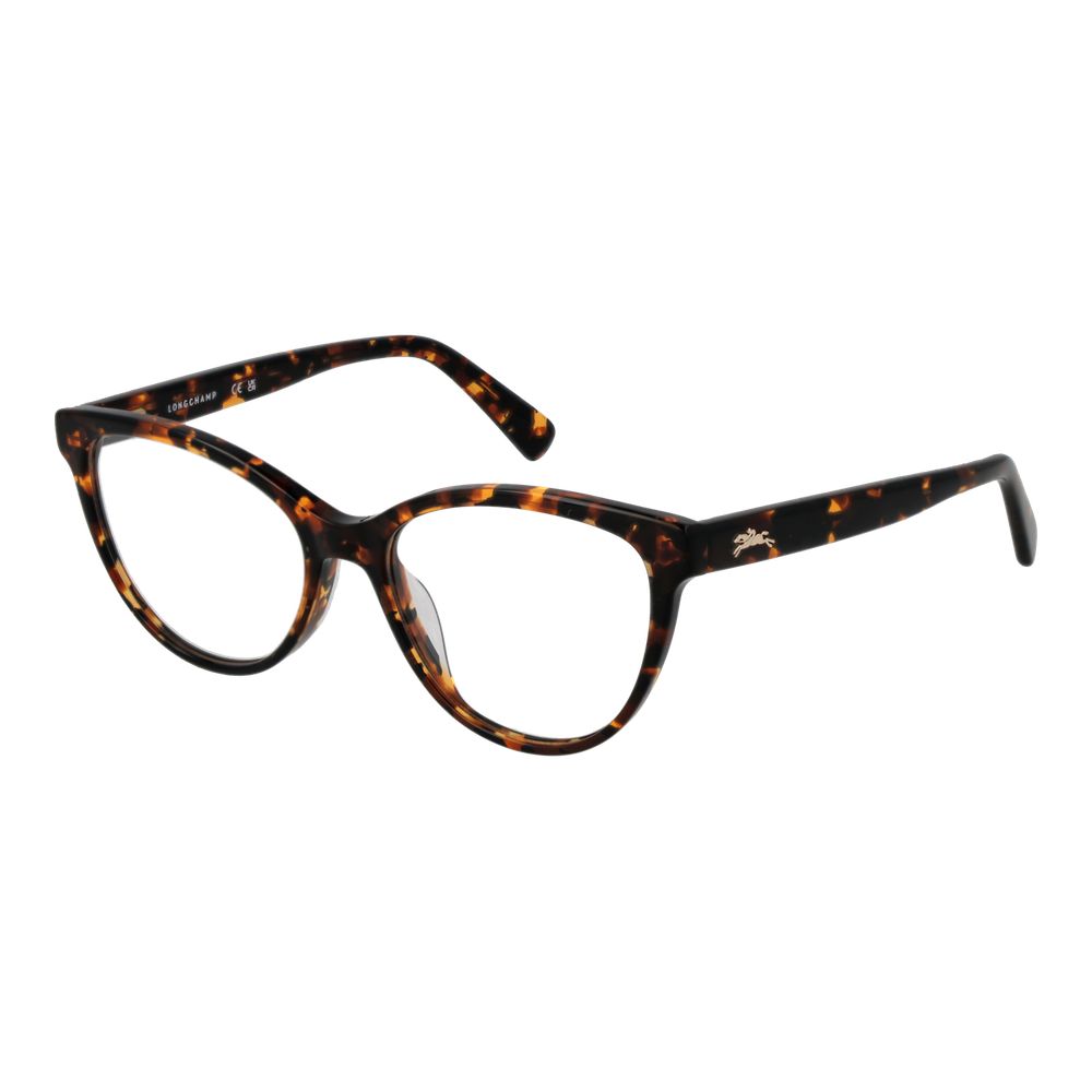 Longchamp Brown Women Glasses Frame with acetate cat eye design, full-rim in brown, includes branded case, size 52-16-140.