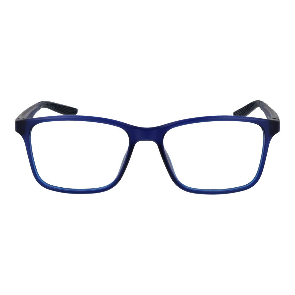 Nike Black Men Glasses Frame, full-rim square style in blue stainless steel with demo plastic lenses, size 54-16-140.
