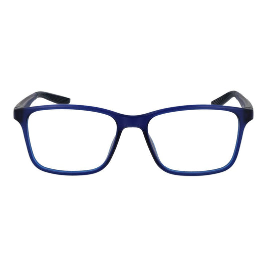 Nike Black Men Glasses Frame, full-rim square style in blue stainless steel with demo plastic lenses, size 54-16-140.
