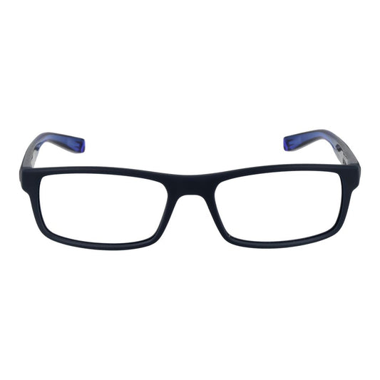 Nike Blue Men Glasses Frame, full-rim rectangle style with plastic material, lens size 53-17-140, includes branded case, no spring hinge.