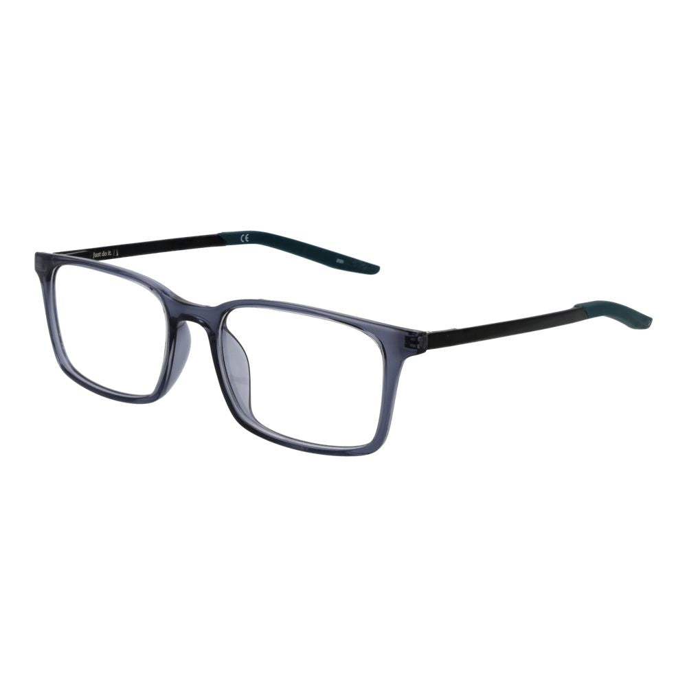 Nike Blue Unisex Glasses Frame in grey plastic, full-rim style, rectangle shape with demo lenses, spring hinge, temples length 145mm.