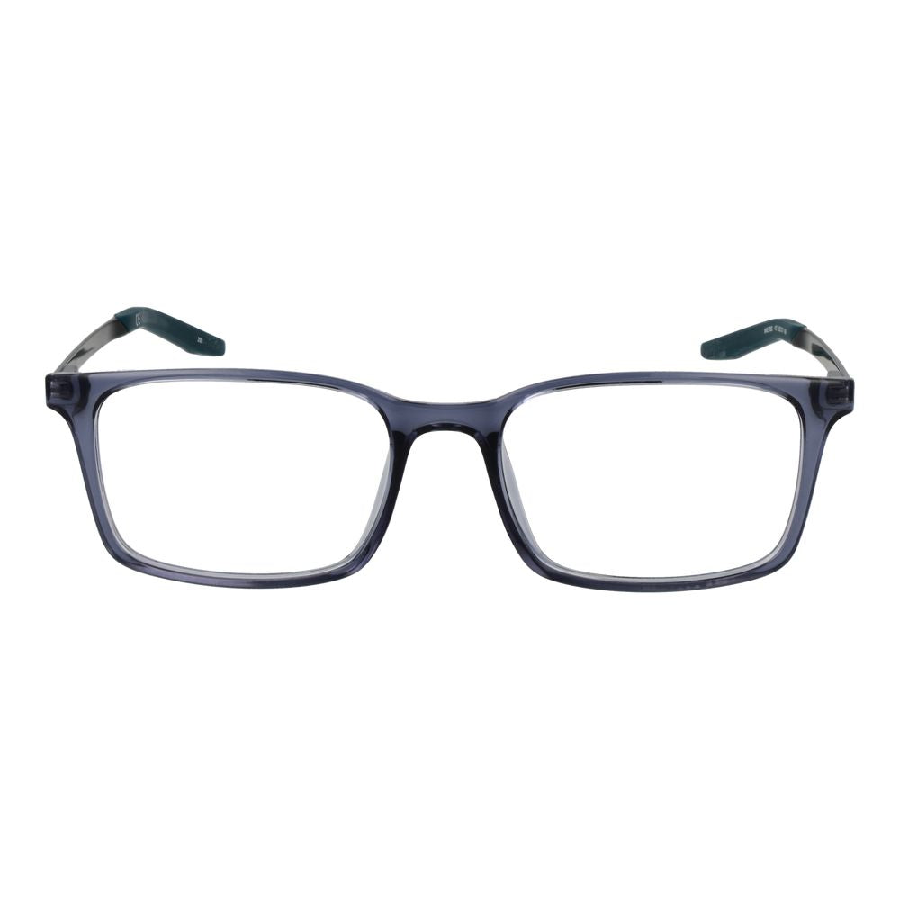 Nike Blue Unisex Glasses Frame, full-rim rectangular style, plastic material, grey frame, 52-17-145, demo lenses, spring hinge included.