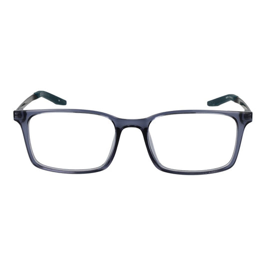 Nike Blue Unisex Glasses Frame, full-rim rectangular style, plastic material, grey frame, 52-17-145, demo lenses, spring hinge included.
