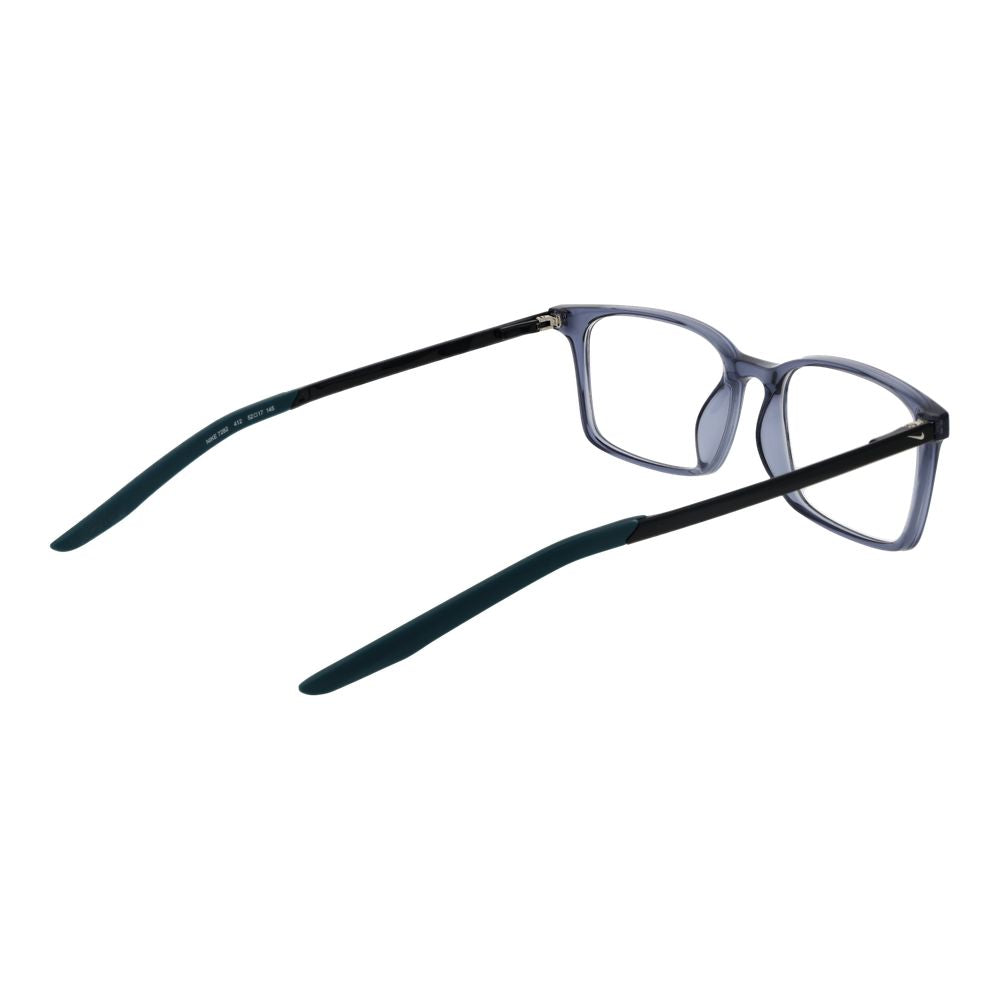Nike Blue Unisex Glasses Frame with full-rim rectangle design, plastic material, size 52-17-145, grey color, spring hinge.
