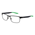 Nike Black Men Glasses Frame, black stainless steel full-rim rectangle with demo plastic lenses, size 56-16-140, no spring hinge.