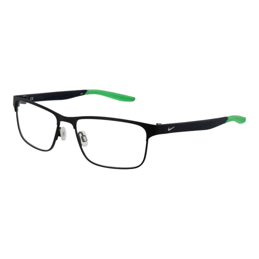 Nike Black Men Glasses Frame, black stainless steel full-rim rectangle with demo plastic lenses, size 56-16-140, no spring hinge.
