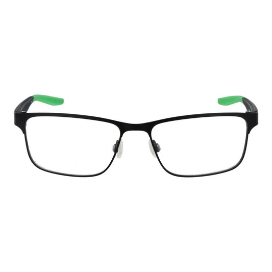 Nike Black Men Glasses Frame in rectangular stainless steel full-rim style, featuring black color and demo lenses, size 56-16-140.