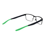 Nike Black Men Glasses Frame, black full-rim rectangle design with green temples, stainless steel material, no lenses, size 56-16-140