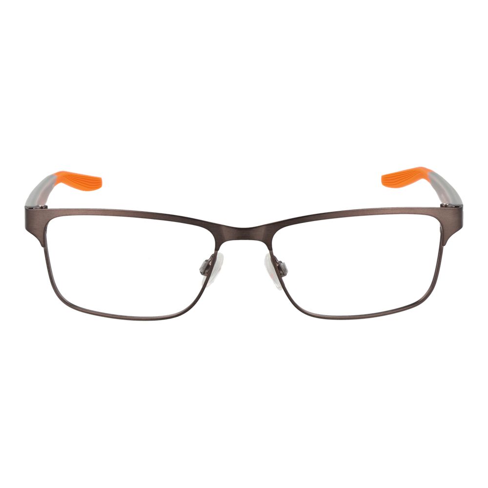 Nike Black Men Glasses Frame in black stainless steel with full-rim rectangle design, demo lenses, and copper accents, size 54-16-140.