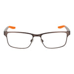 Nike Black Men Glasses Frame in black stainless steel with full-rim rectangle design, demo lenses, and copper accents, size 54-16-140.