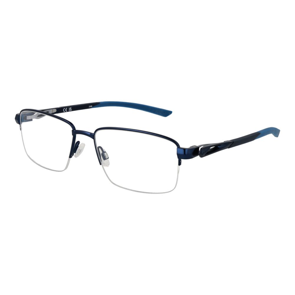 Nike Blue Men Glasses Frame, blue metal half-rim rectangle style with 55-17-140 size, demo plastic lenses, branded case included.