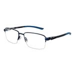 Nike Blue Men Glasses Frame, blue metal half-rim rectangle style with 55-17-140 size, demo plastic lenses, branded case included.