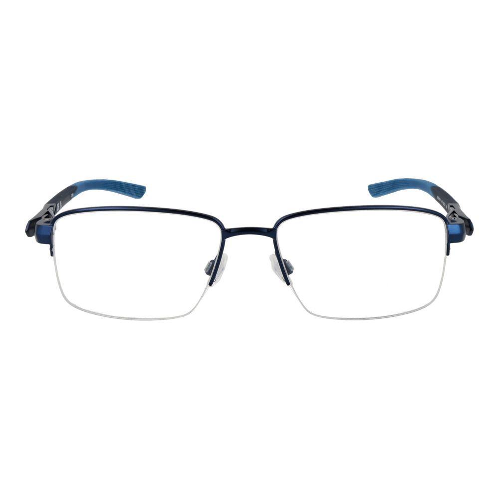 Nike Blue Men Glasses Frame, metal half-rim style with demo plastic lenses, rectangle shape, includes branded case, size 55-17-140.
