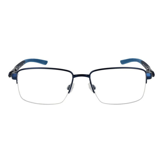 Nike Blue Men Glasses Frame, metal half-rim style with demo plastic lenses, rectangle shape, includes branded case, size 55-17-140.