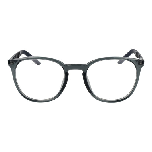 Nike Gray Unisex Glasses Frame, metal, full-rim, round design, size 51-20-145, demo lenses, includes branded case, no extra filter effect.