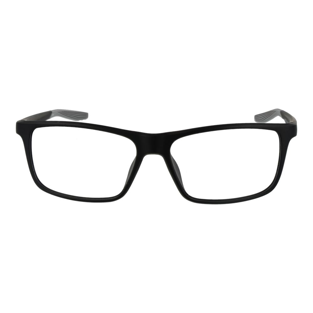 Nike Black Men Glasses Frame, full-rim stainless steel rectangle design, demo plastic lenses, 56-15-145 size, black color.