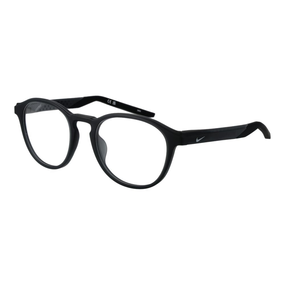 Nike Black Men Glasses Frame, full-rim stainless steel with demo lenses, round style, size 50-20-140, includes branded case.