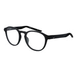 Nike Black Men Glasses Frame, full-rim stainless steel with demo lenses, round style, size 50-20-140, includes branded case.