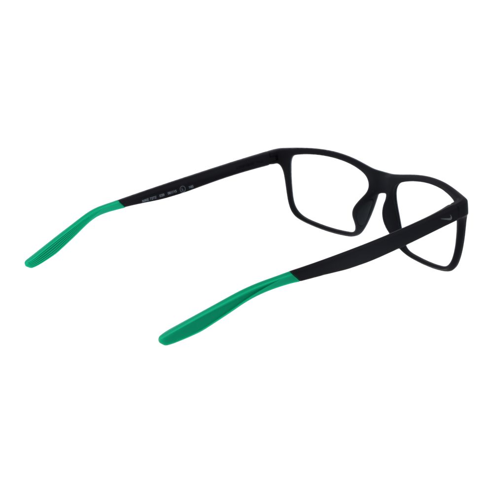 Nike Gray Men Glasses Frame with stainless steel full-rim design and green accents, demo plastic lenses, size 56-15-145, rectangle style.