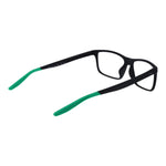 Nike Gray Men Glasses Frame with stainless steel full-rim design and green accents, demo plastic lenses, size 56-15-145, rectangle style.