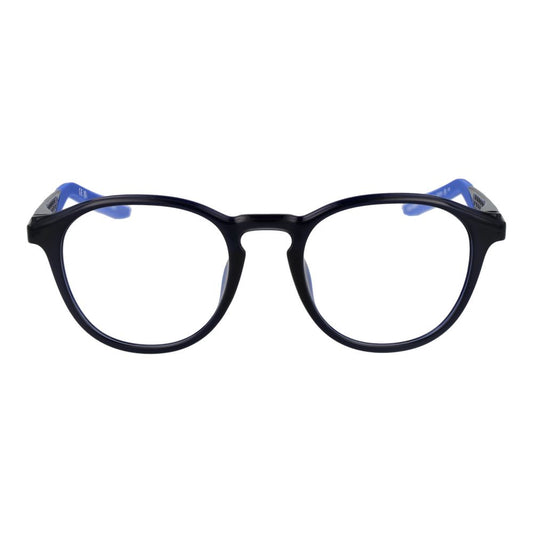 Nike Blue Men Glasses Frame in full-rim round style, stainless steel material with demo plastic lenses, 50-20-140 size.