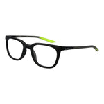 Nike Black Men Glasses Frame, metal full-rim square style with plastic demo lenses, black color, size 52-20-140, no spring hinge.