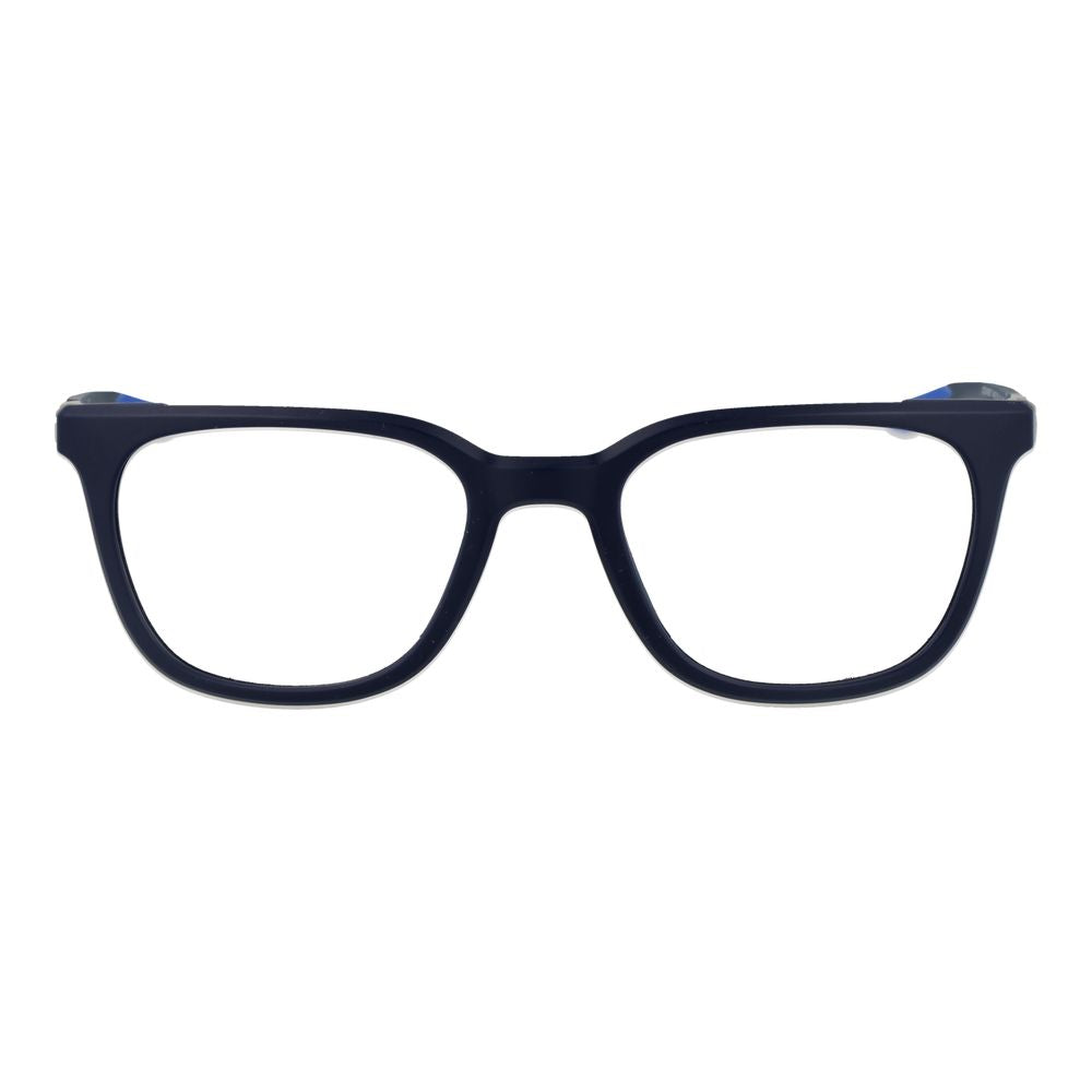 Nike Blue Men Glasses Frame, full-rim metal design with demo plastic lenses, square style for men, includes branded case.