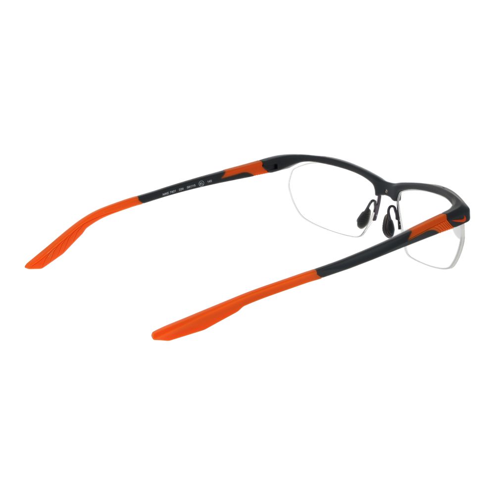 Nike Gray Men Glasses Frame in stainless steel with half-rim design and orange accents, demo lenses included.