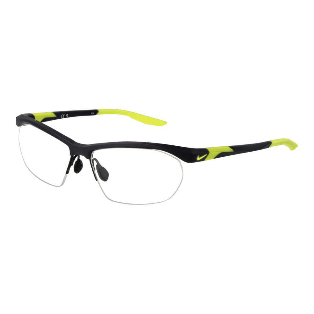 Nike Gray Men Glasses Frame, half-rim stainless steel with demo plastic lenses, rectangle style, 58-15-145, branded case included.