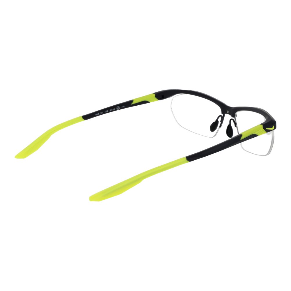 Nike Gray Men Glasses Frame, stainless steel half-rim, rectangular style, grey with neon accents, ideal for a modern and sleek look