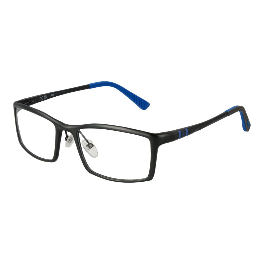 Fila Gray Men Glasses Frame with gunmetal full-rim aluminum rectangle design, demo lenses, and spring hinge. Size 55-18-140.