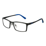 Fila Gray Men Glasses Frame with gunmetal full-rim aluminum rectangle design, demo lenses, and spring hinge. Size 55-18-140.