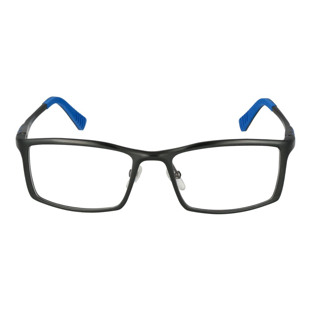 Fila Gray Men Glasses Frame in gunmetal aluminum full-rim style, rectangle shape with blue temple tips, demo plastic lenses.