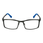 Fila Gray Men Glasses Frame in gunmetal aluminum full-rim style, rectangle shape with blue temple tips, demo plastic lenses.