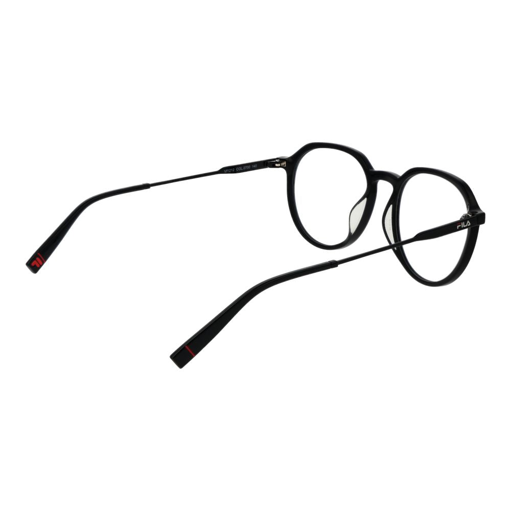 Alt Tag: Fila Black Unisex Glasses Frame with full-rim stainless steel in black, demo lenses, and panto style.