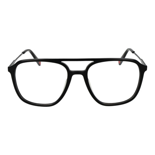 Fila Black Men Glasses Frame, stainless steel full-rim aviator style with demo lenses, size 54-18-145, black color with plastic lenses.