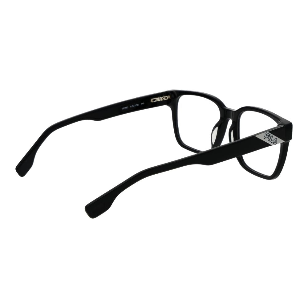 Fila Black Unisex Glasses Frame in cellulose acetate with full-rim square style, demo lenses, and spring hinges, size 53-18-145.